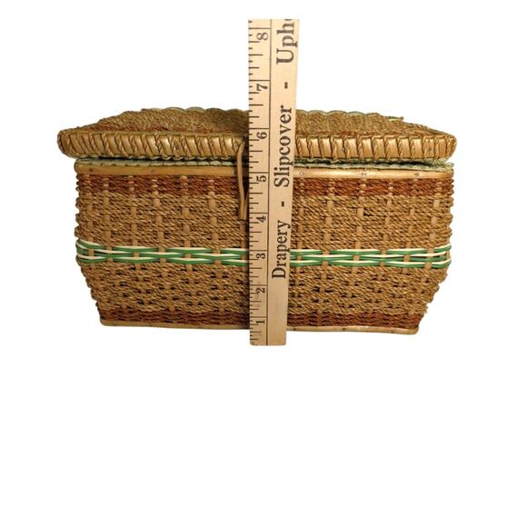 Vintage Woven Sewing Basket with Insert Seafoam Green Satin Lining - Picture 5 of 16
